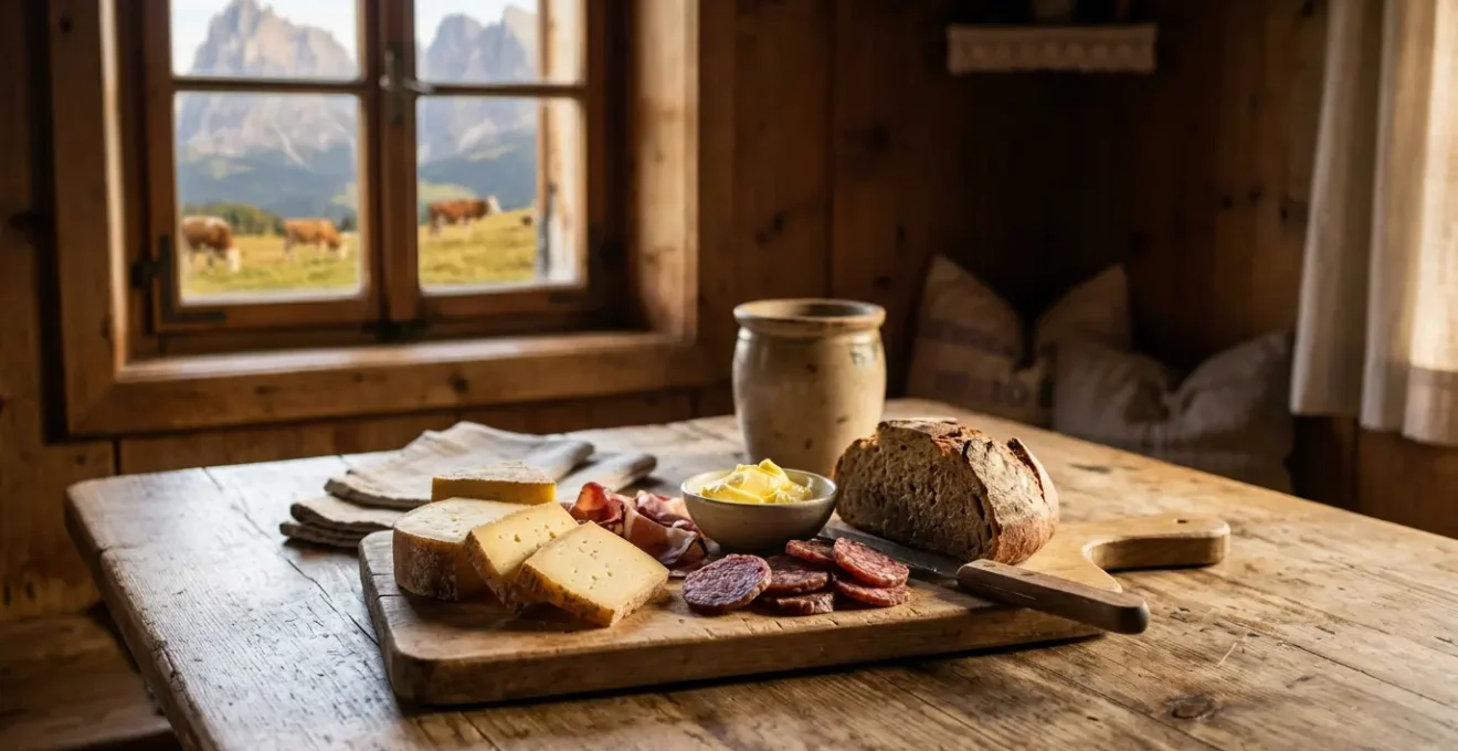 Traditionelle Brettljause mit handgemachtem Almkaese auf rustikalem Holzbrett in oesterreichischer Almhuette