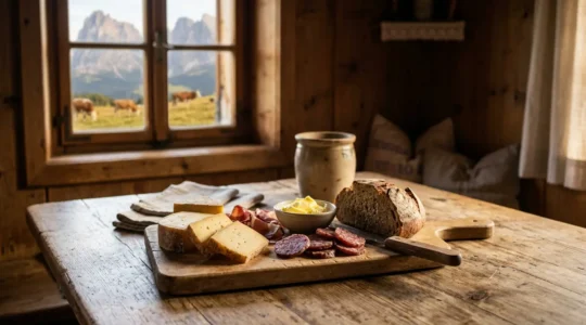 Traditionelle Brettljause mit handgemachtem Almkaese auf rustikalem Holzbrett in oesterreichischer Almhuette