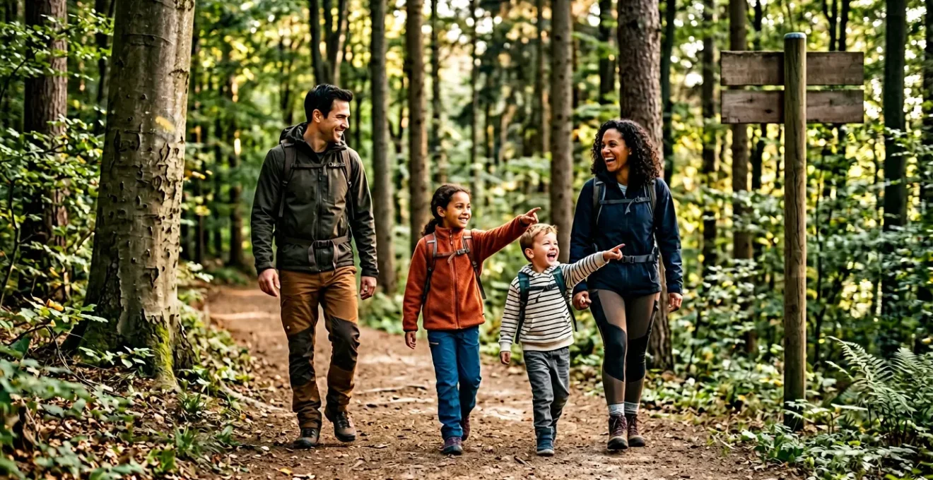 Familie mit Kindern beim Wandern auf einem gut markierten deutschen Wanderweg durch idyllische Natur