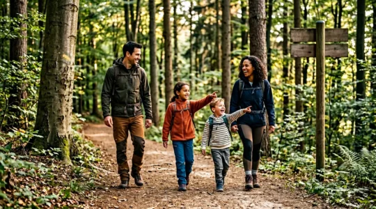 Familie mit Kindern beim Wandern auf einem gut markierten deutschen Wanderweg durch idyllische Natur