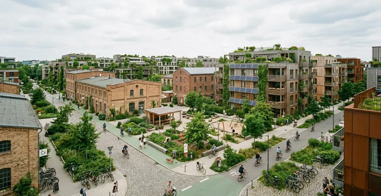 Moderne nachhaltige Stadtarchitektur mit Grünflächen und innovativen Mobilitätskonzepten in deutschen Zukunftsquartieren