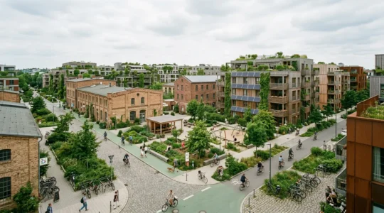 Moderne nachhaltige Stadtarchitektur mit Grünflächen und innovativen Mobilitätskonzepten in deutschen Zukunftsquartieren