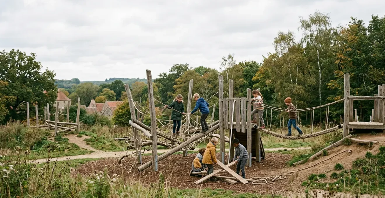 Kinder spielen auf einem europäischen Abenteuerspielplatz mit Holzstrukturen und Naturmaterialien