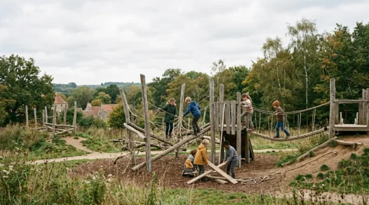 Kinder spielen auf einem europäischen Abenteuerspielplatz mit Holzstrukturen und Naturmaterialien