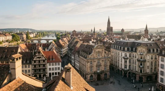 Panoramaansicht einer europäischen Grenzstadt mit unterschiedlichen Baustilen