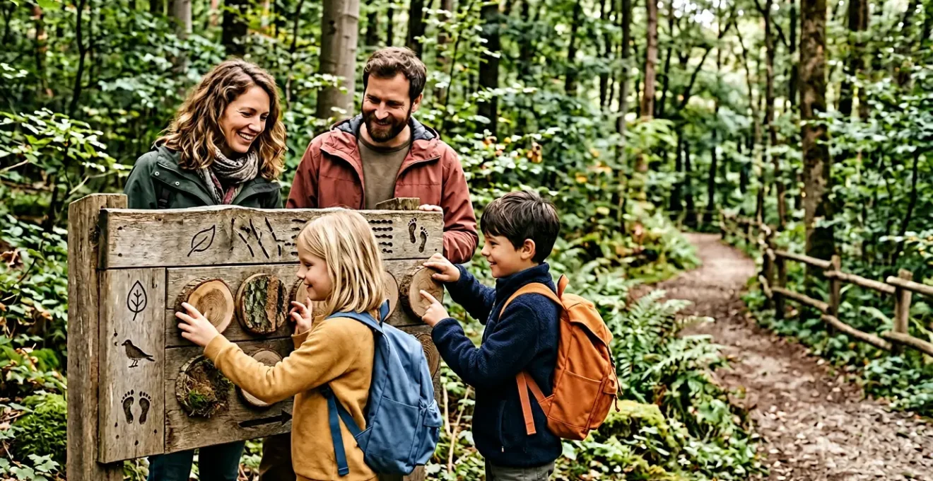 Familie mit Kindern erkundet interaktiven Naturlehrpfad durch deutschen Wald