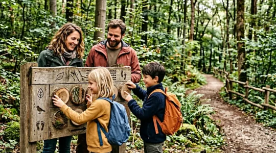 Familie mit Kindern erkundet interaktiven Naturlehrpfad durch deutschen Wald