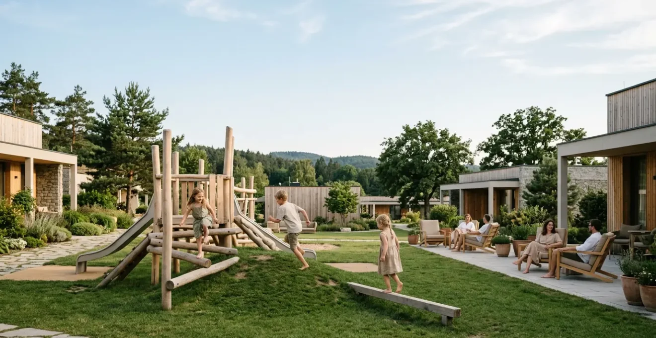 Moderne Ferienanlage in Europa mit spielenden Kindern und entspannten Eltern im Hintergrund