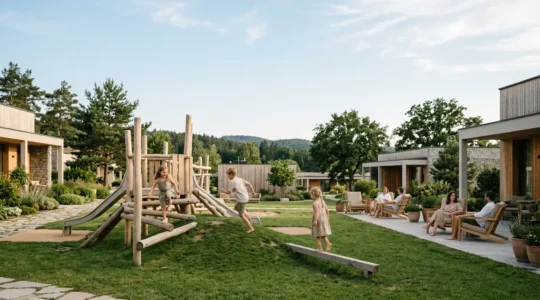 Moderne Ferienanlage in Europa mit spielenden Kindern und entspannten Eltern im Hintergrund