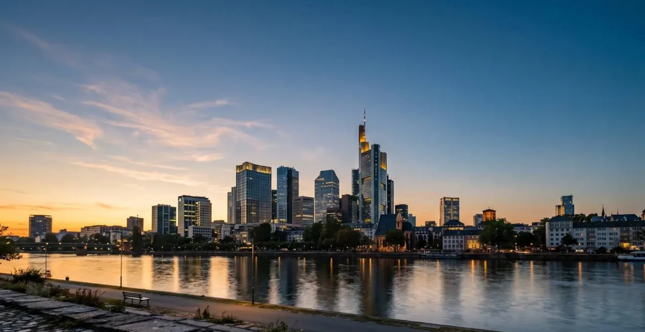 Panoramablick auf die Frankfurter Skyline mit Wolkenkratzern vom Mainufer aus gesehen