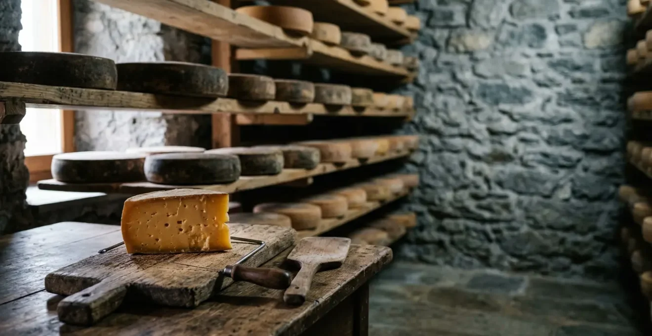 Handgefertigter Alpkäse auf rustikalem Holzbrett mit traditionellen Käsewerkzeugen in einer Almkäserei