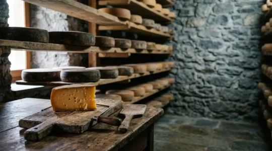 Handgefertigter Alpkäse auf rustikalem Holzbrett mit traditionellen Käsewerkzeugen in einer Almkäserei