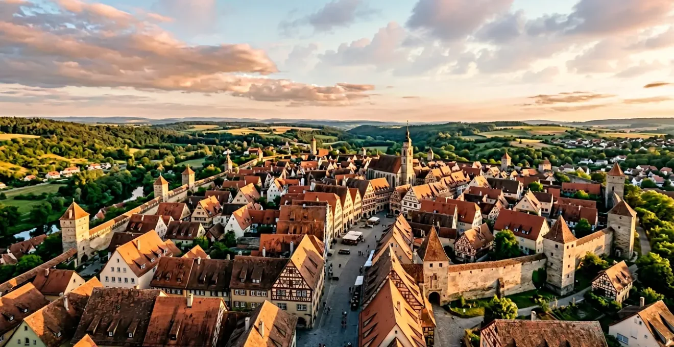 Panoramablick über eine gut erhaltene historische deutsche Altstadt mit Fachwerkhäusern und mittelalterlicher Stadtmauer