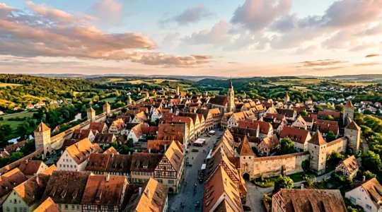 Panoramablick über eine gut erhaltene historische deutsche Altstadt mit Fachwerkhäusern und mittelalterlicher Stadtmauer