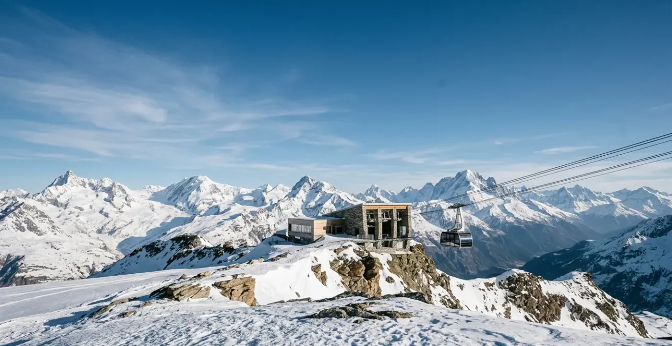 Weitläufiges alpines Panorama mit schneebedeckten Gipfeln über 3000 Meter in den Alpen bei klarem Sonnenlicht