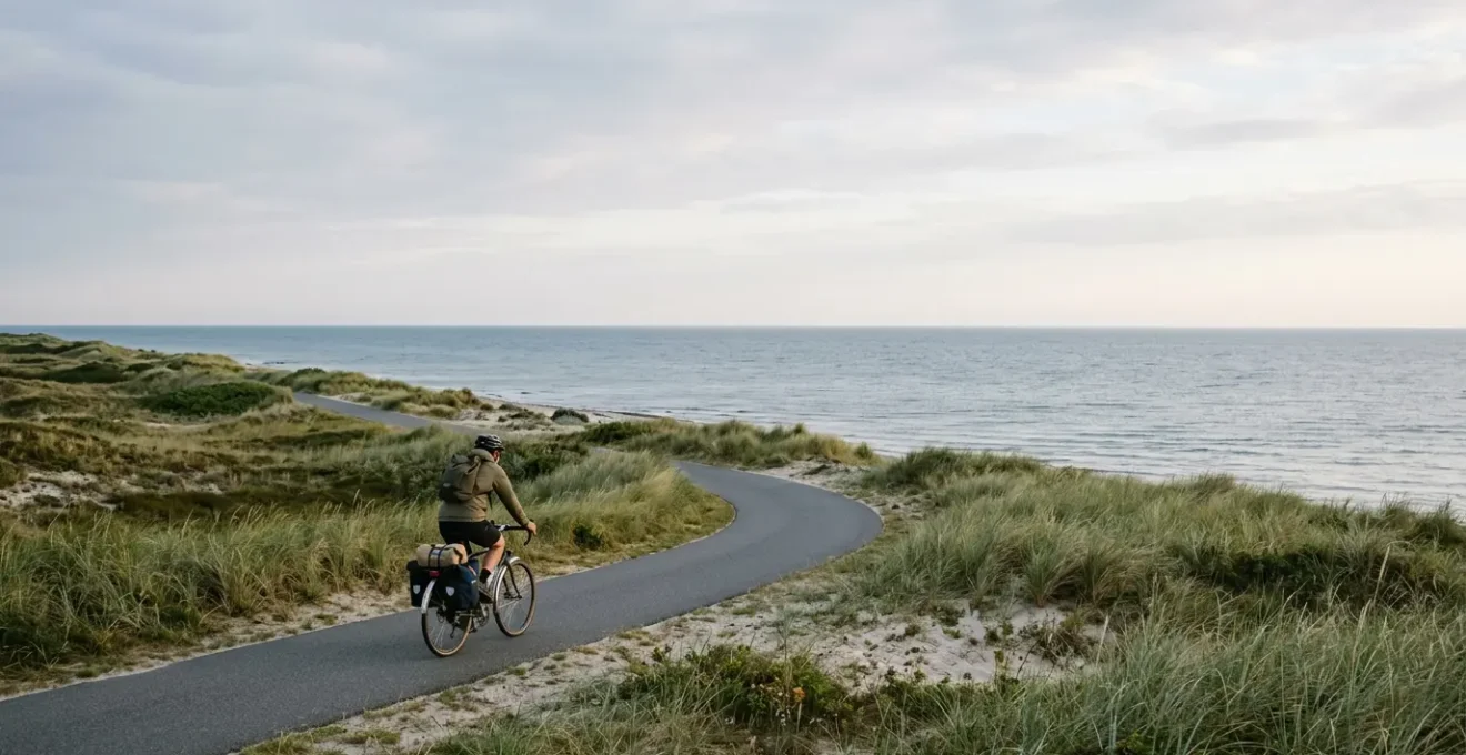Radfahrer auf flachem Küstenradweg an der deutschen Ostsee mit Meerblick