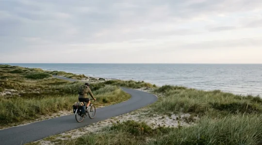Radfahrer auf flachem Küstenradweg an der deutschen Ostsee mit Meerblick