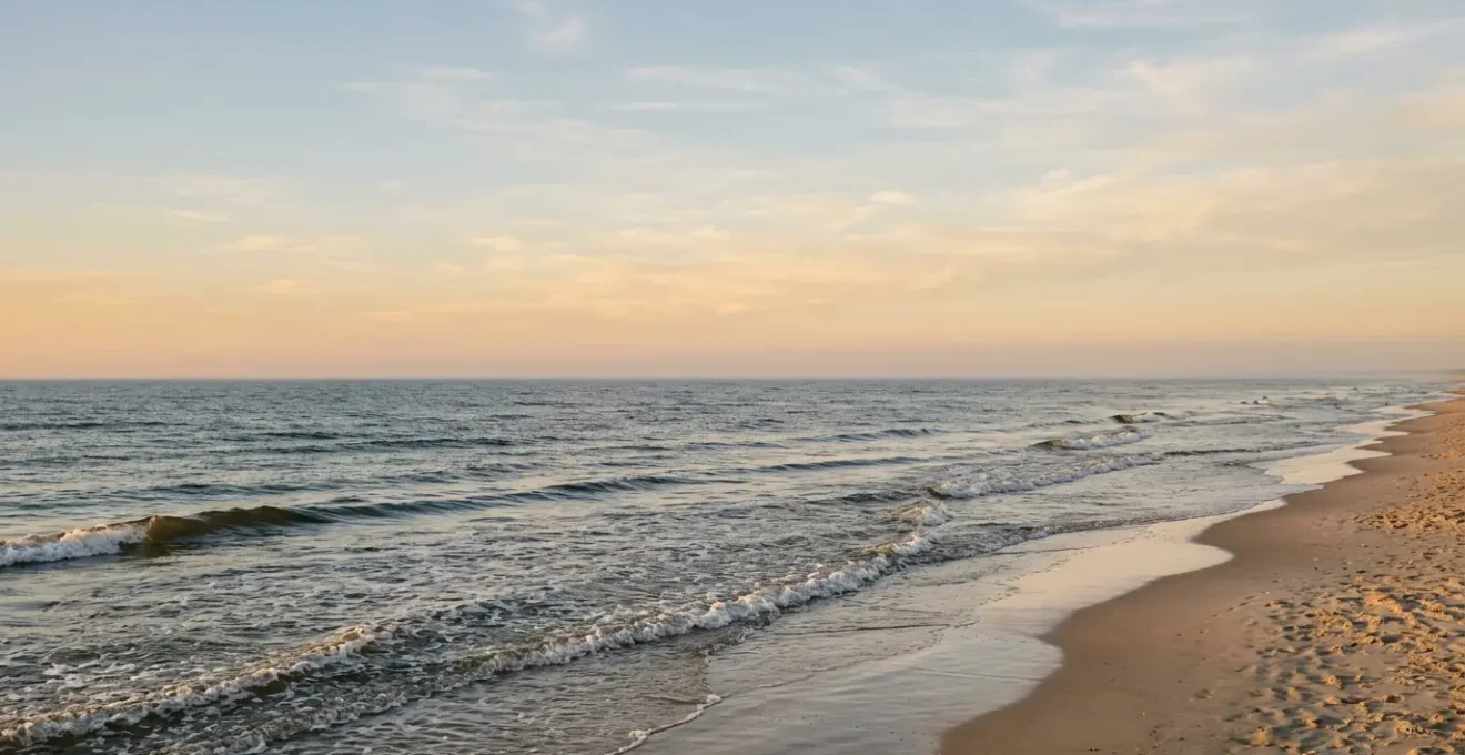 Friedlicher Ostseestrand bei goldenem Licht mit sanften Wellen und weitem Horizont