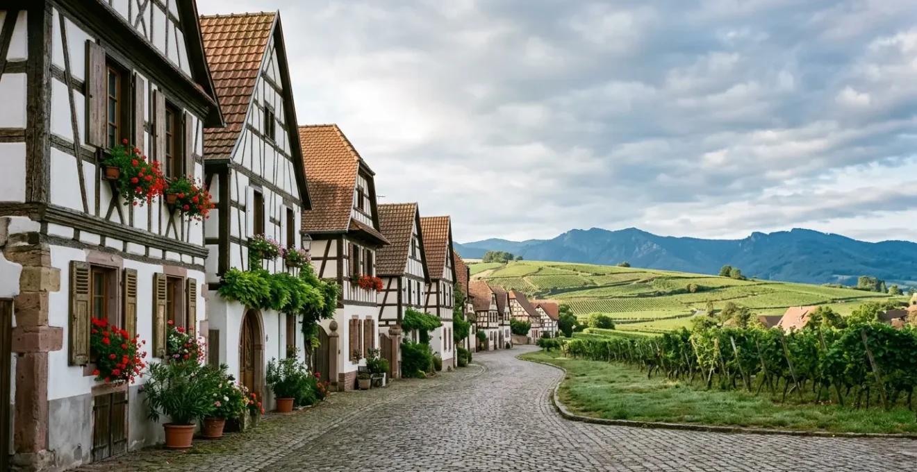 Malerisches elsässisches Fachwerkhausdorf mit weißen Fassaden und blumengeschmückten Fenstern in ruhiger Atmosphäre ohne Menschenmassen