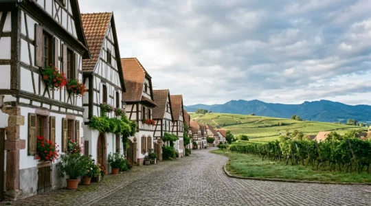 Malerisches elsässisches Fachwerkhausdorf mit weißen Fassaden und blumengeschmückten Fenstern in ruhiger Atmosphäre ohne Menschenmassen