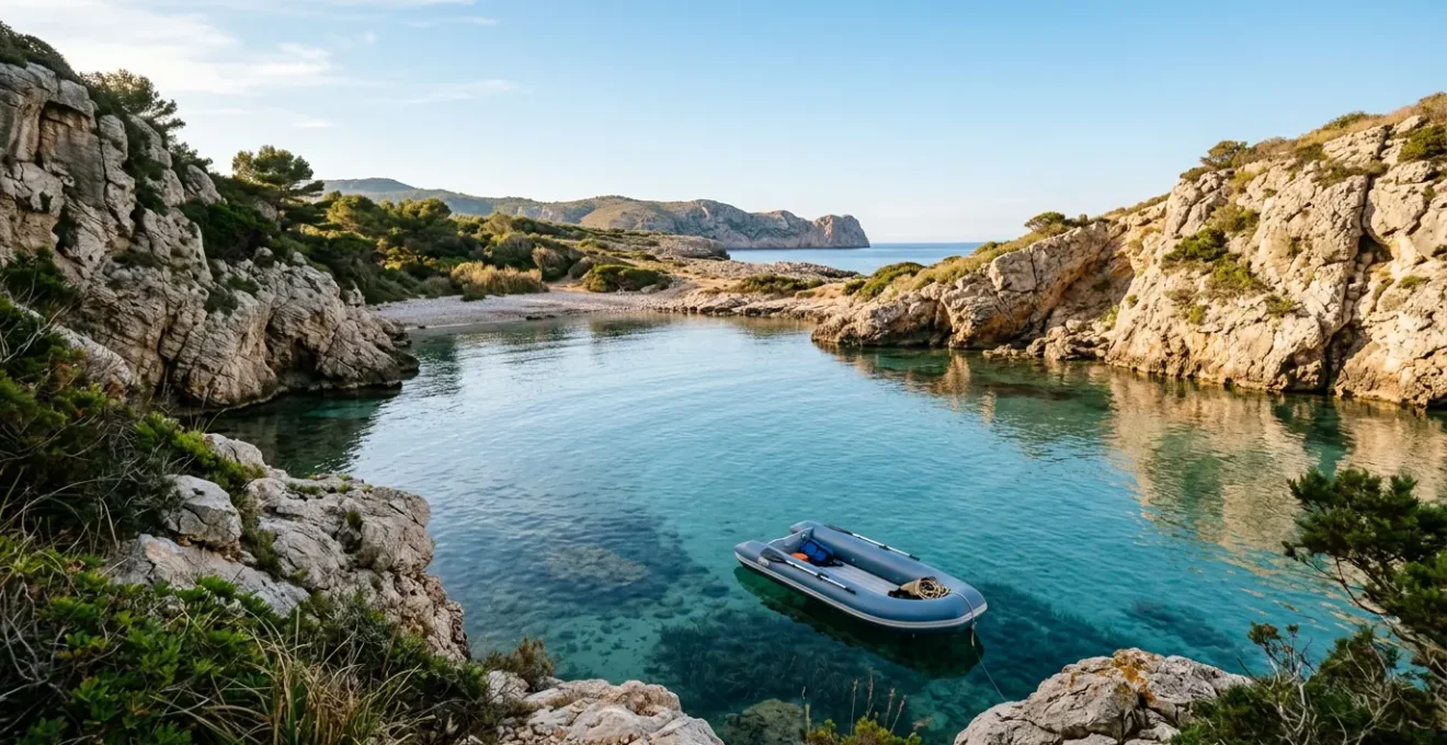 Kleines Schlauchboot in versteckter mediterraner Bucht mit kristallklarem türkisen Wasser und Felsformationen
