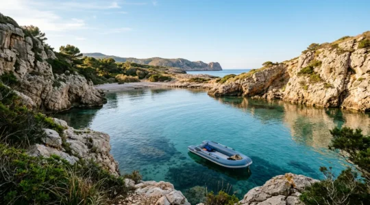 Kleines Schlauchboot in versteckter mediterraner Bucht mit kristallklarem türkisen Wasser und Felsformationen