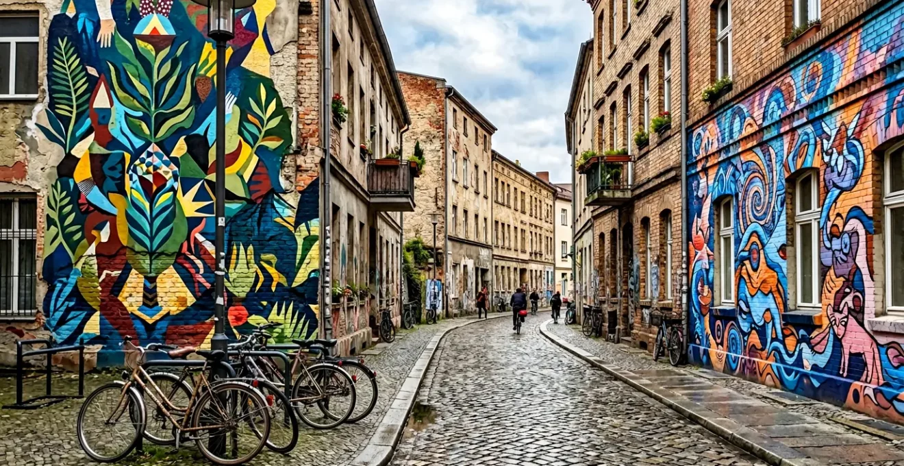 Lebendige urbane Straßenkunst-Szene in deutscher Großstadt mit bunten Wandgemälden