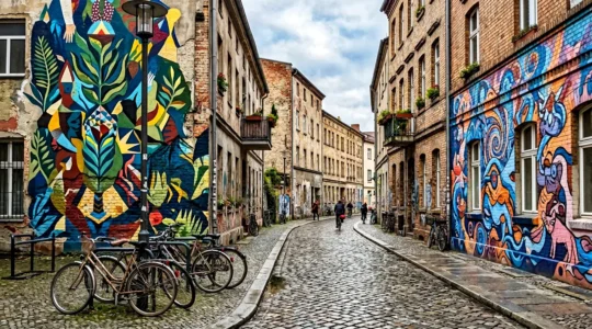 Lebendige urbane Straßenkunst-Szene in deutscher Großstadt mit bunten Wandgemälden