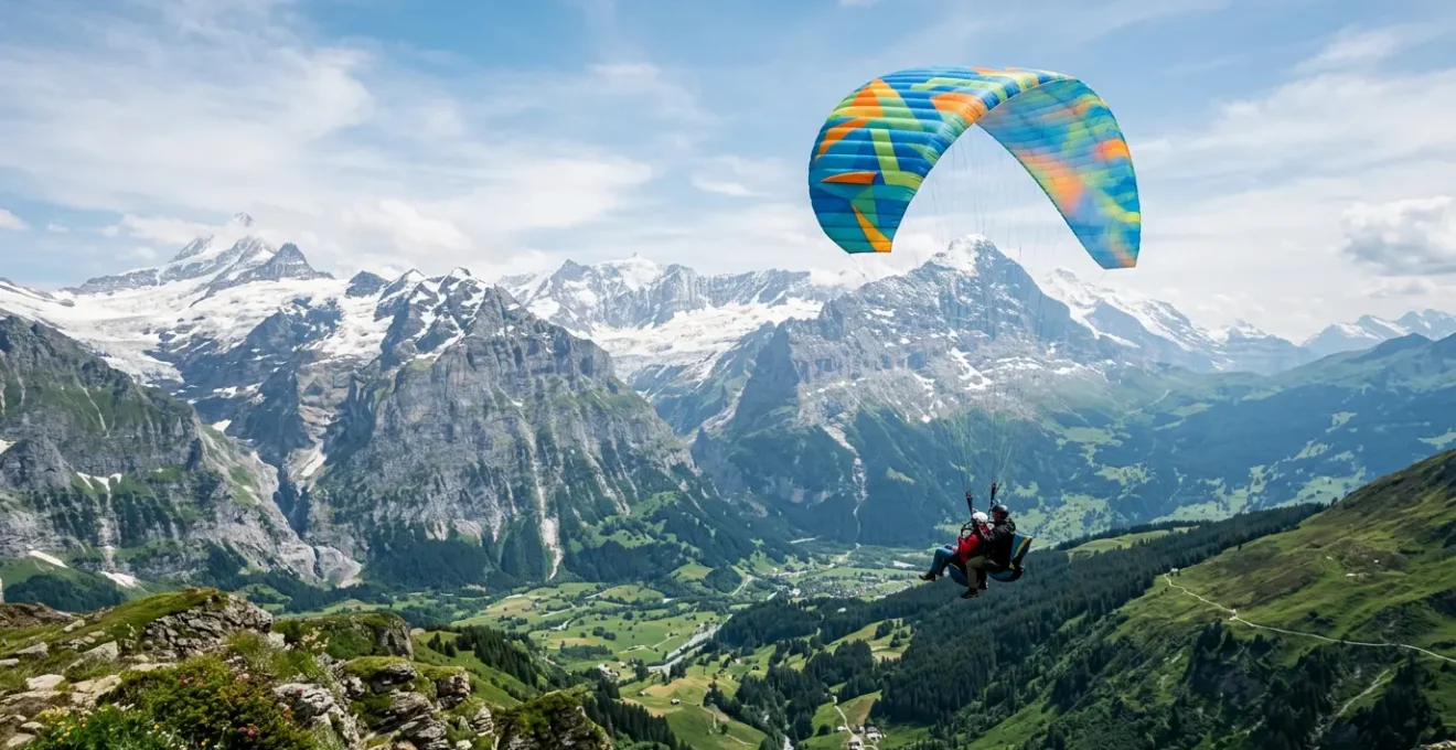Gleitschirm-Tandemflug über majestätische Alpenlandschaft mit Passagier und Pilot in der Luft