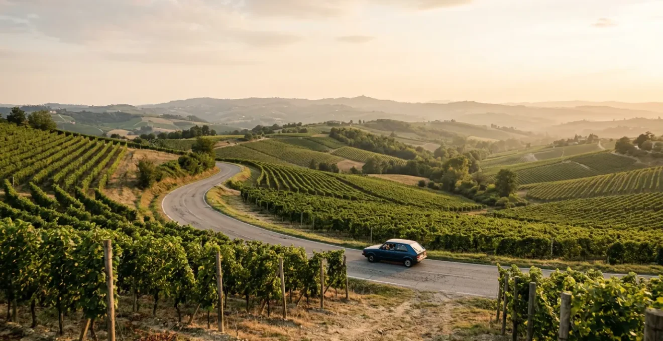 Malerische Weinroute durch Weinberge mit Auto auf kurvenreicher Straße zwischen Reben