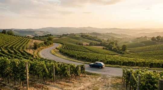 Malerische Weinroute durch Weinberge mit Auto auf kurvenreicher Straße zwischen Reben