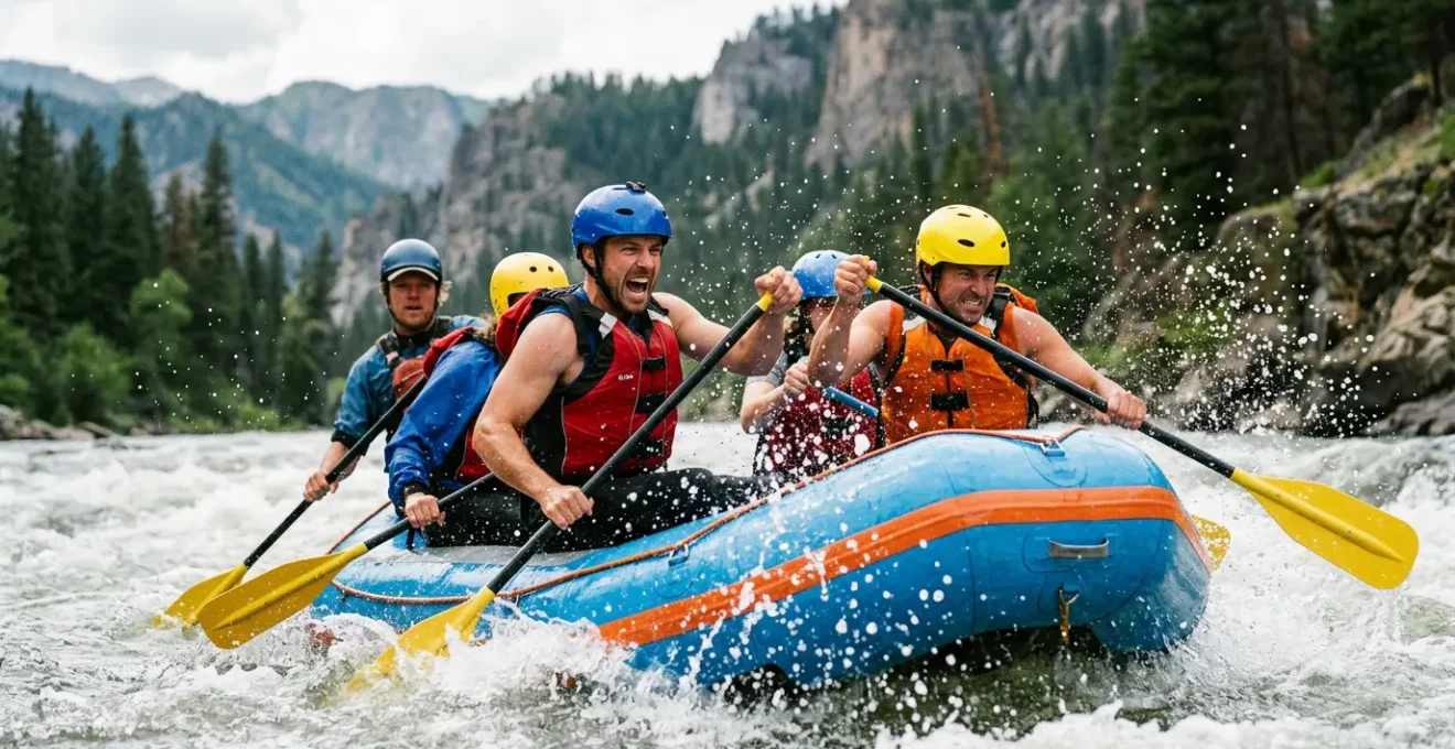 Rafting-Team paddelt synchron durch Wildwasser, Zusammenhalt und Teamgeist im Schlauchboot