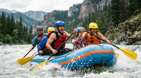 Rafting-Team paddelt synchron durch Wildwasser, Zusammenhalt und Teamgeist im Schlauchboot