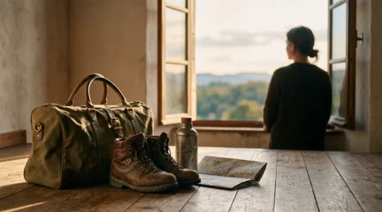 Spontaner Wochenendausflug mit gepackter Reisetasche bereit für Abenteuer in Deutschland