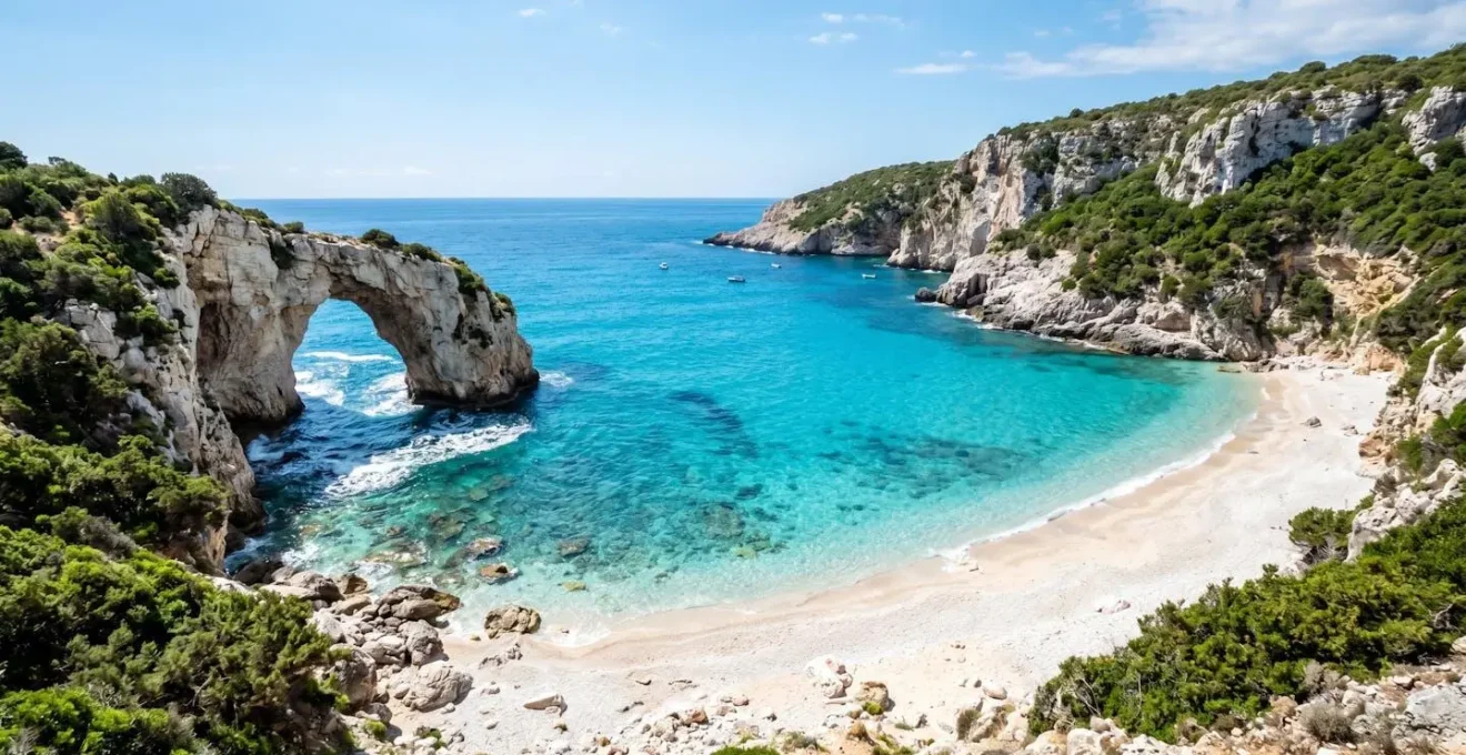 Kristallklare türkisfarbene Bucht mit weißem Strand und markanter Felsformation an der sardischen Küste
