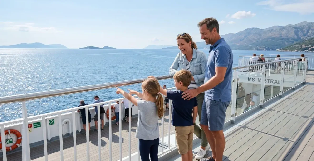 Eine vierköpfige Familie steht auf dem Außendeck einer modernen Fähre und blickt gemeinsam aufs offene Meer, die Kinder zeigen auf den Horizont