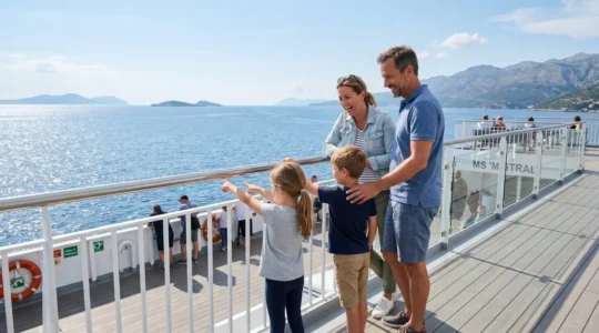 Eine vierköpfige Familie steht auf dem Außendeck einer modernen Fähre und blickt gemeinsam aufs offene Meer, die Kinder zeigen auf den Horizont