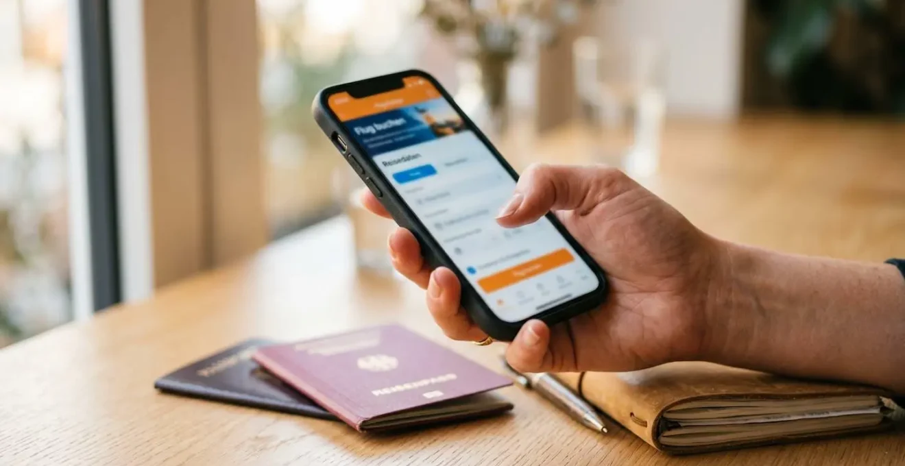 Nahaufnahme einer Hand, die ein Smartphone mit verschwommenem Buchungsbildschirm hält, daneben liegen Reisepass und aufgeschlagenes Notizbuch auf hellem Holztisch
