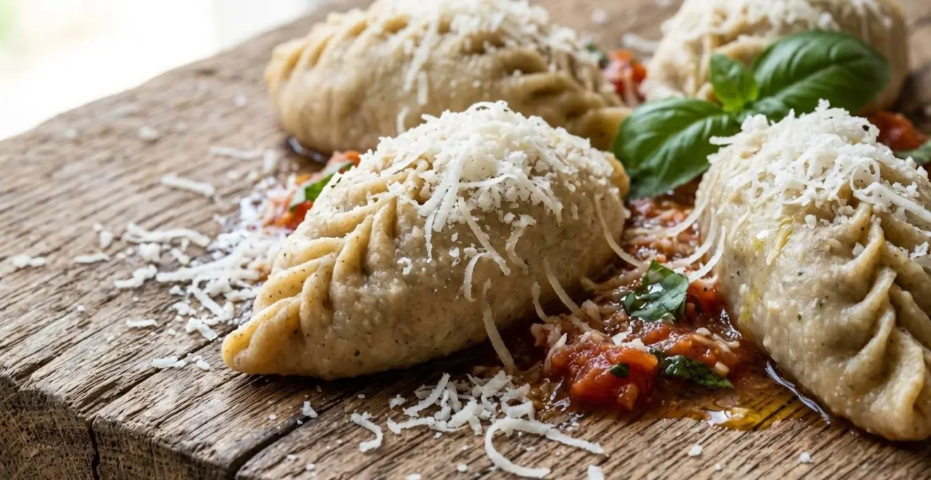 Nahaufnahme traditioneller sardischer Culurgiones-Teigtaschen mit Pecorino-Käse auf rustikalem Holztisch Nahaufnahme traditioneller sardischer Culurgiones-Teigtaschen mit Pecorino-Käse auf rustikalem Holztisch