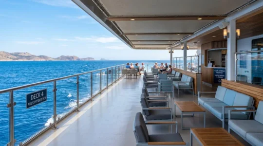 Weitläufiges Außendeck einer modernen Fähre mit zeitgenössischem Design und Blick auf das blaue Mittelmeer bei Tageslicht