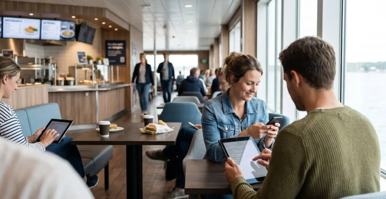Passagiere in zeitgemässer Freizeitkleidung nutzen entspannt digitale Geräte im modernen Bordrestaurant einer Fähre