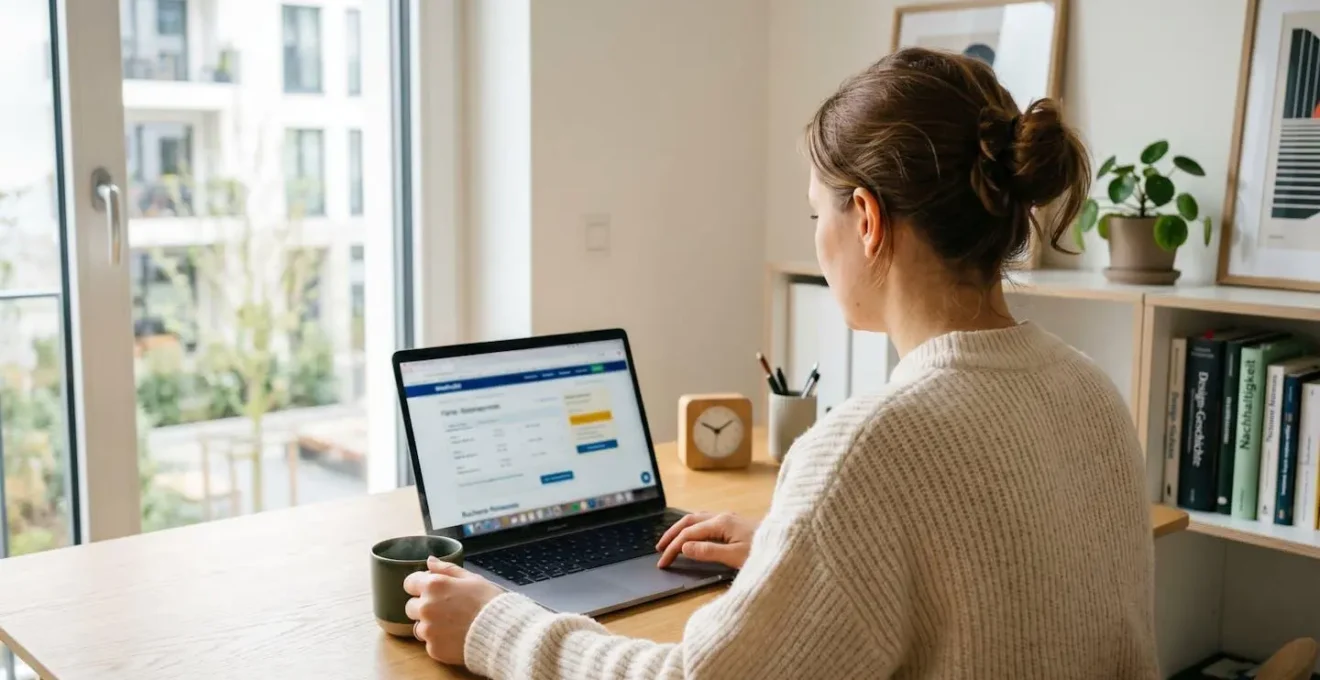 Person von hinten an einem Laptop sitzend, Bildschirm unscharf, modernes Home-Office-Umfeld mit natürlichem Licht