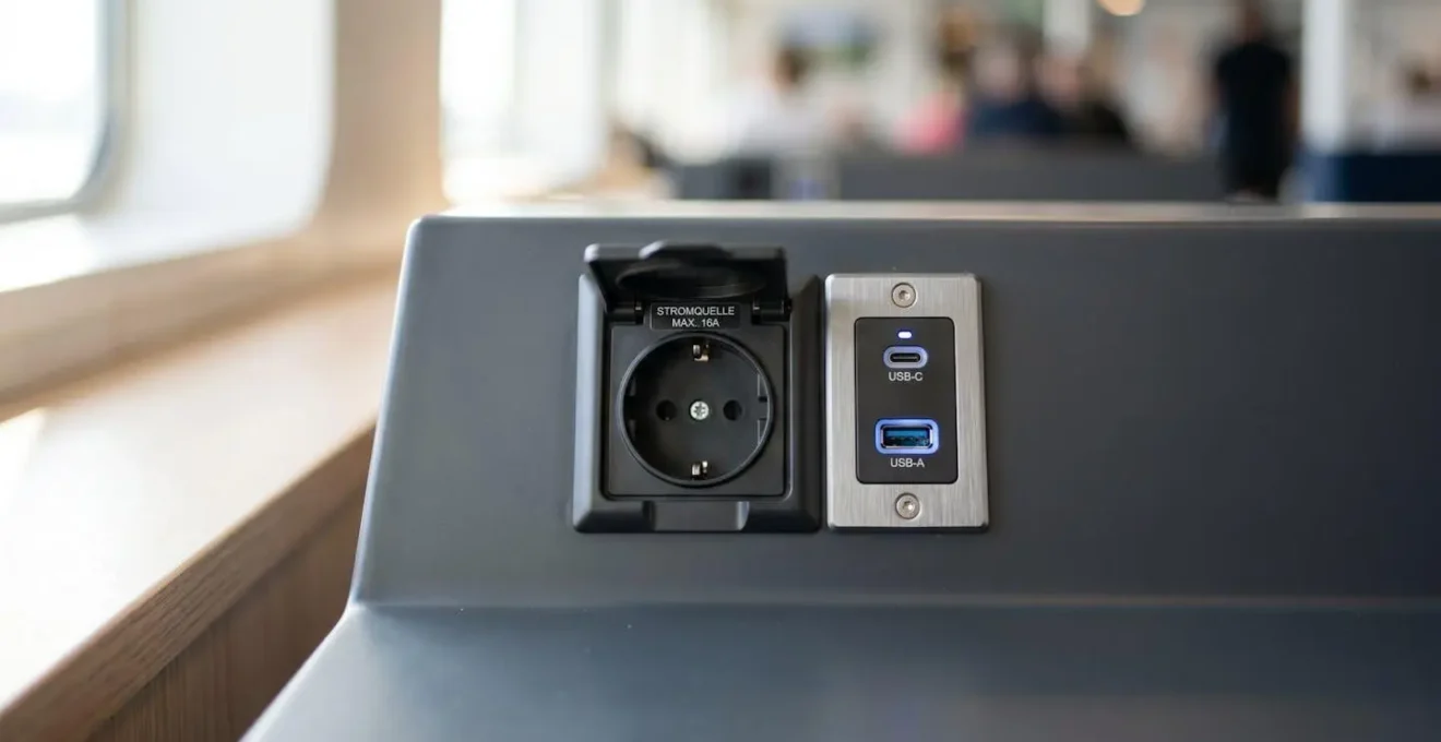 Nahaufnahme einer modernen USB-Ladestation und Steckdose in einem zeitgenössischen Sitzbereich einer Fähre